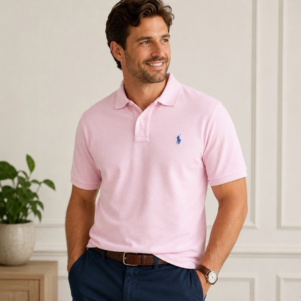 Polo Ralph Lauren Mens L Pink Custom Fit Pony Polo Shirt Preppy Golf